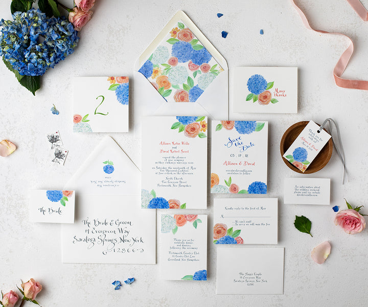 hydrangeas and roses wedding invitation 