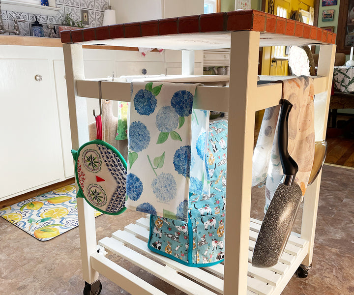 new hydrangea towel in kitchen