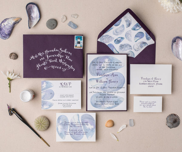 Mussel shell background wedding invitation