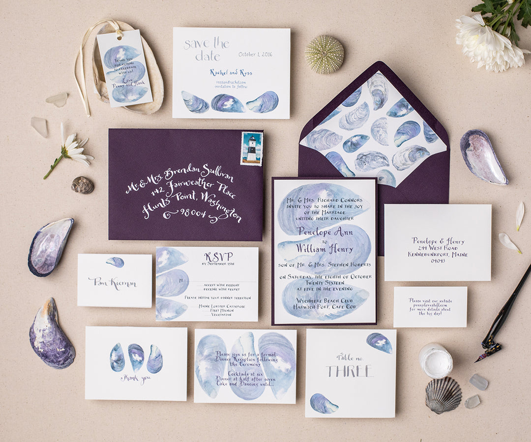 mussel shell background wedding invitation