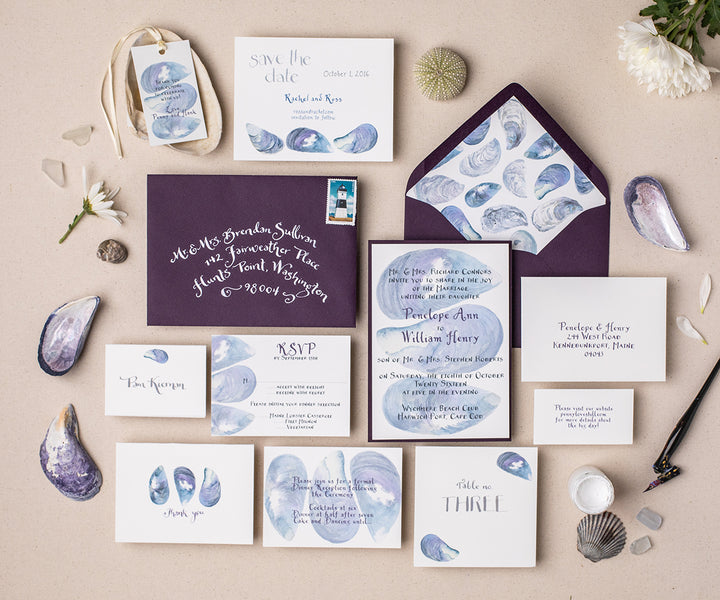 mussel shell background wedding invitation