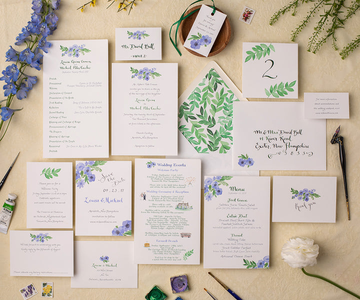 periwinkle bouquet wedding invitation