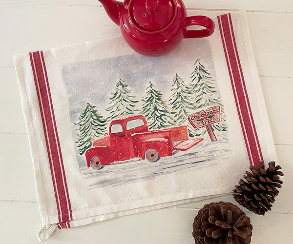 red farm truck tea towel